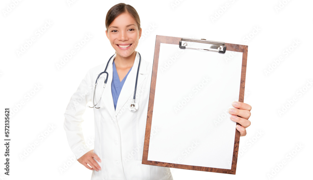 Medical sign - doctor showing clipboard with copy space for text or design. Woman doctor / nurse smiling happy isolated cutout PNG on transparent background. Caucasian / Chinese Asian female model. Medical sign - doctor showing clipboard with copy space for text or design. Woman doctor / nurse smiling happy isolated cutout PNG on transparent background. Caucasian / Chinese Asian female model.