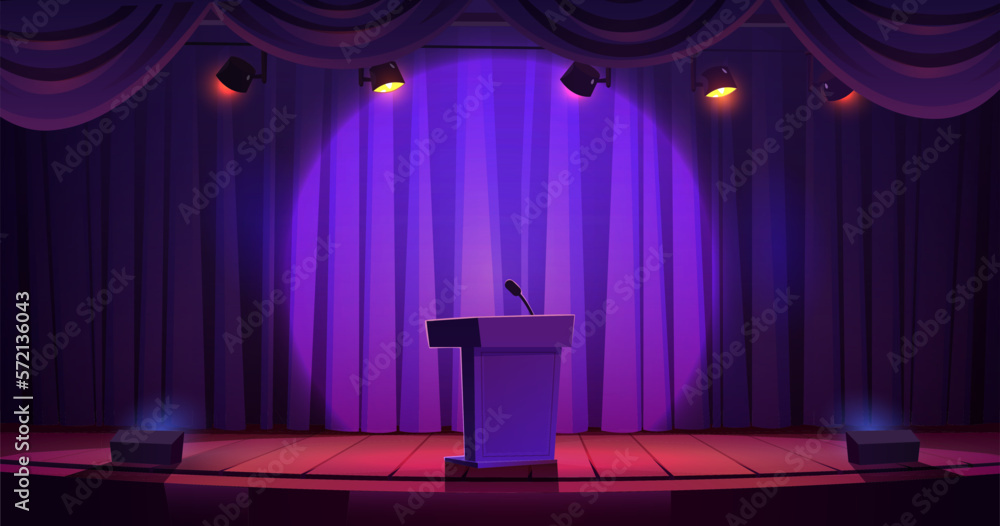 Rostrum with microphone for public speech on stage with curtains. Vector cartoon illustration of tribune illuminated by spotlights. Place for presentation, lecture, debate or graduation ceremony - obrazy, fototapety, plakaty 