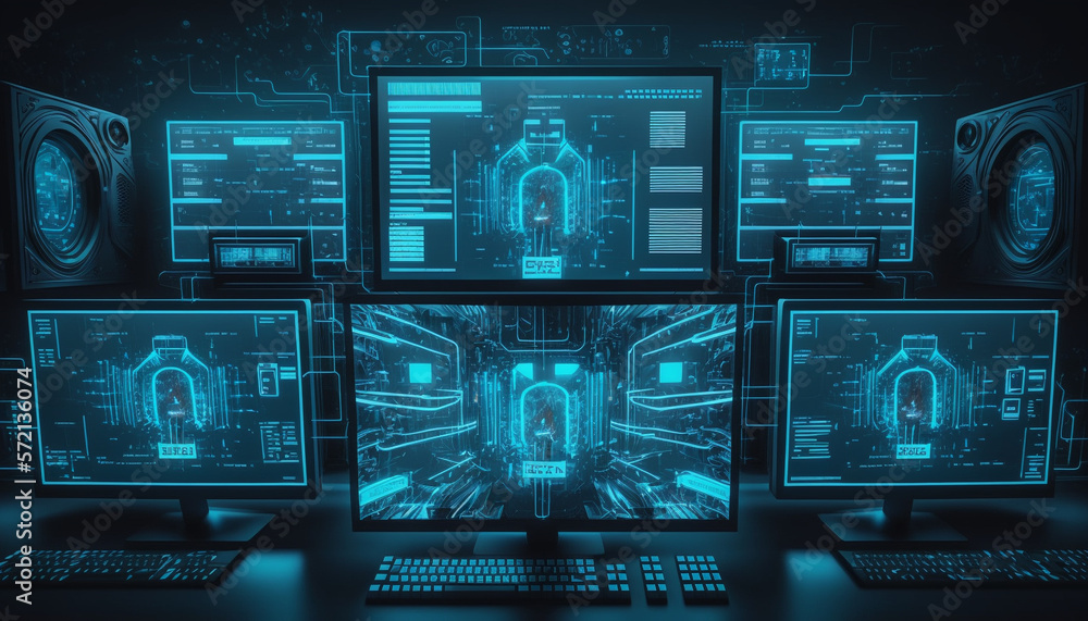 Complex AI System on Multiple Monitors, charts, and diagrams that represent the complex workings of an advanced artificial intelligence system. generative AI Complex AI System on Multiple Monitors, charts, and diagrams that represent the complex workings of an advanced artificial intelligence system. generative AI