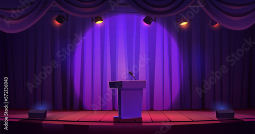 Fotobehang Rostrum with microphone for public speech on stage with curtains