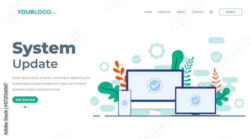 Software update complete on the screen of desktop computer, laptop, smartphone. Flat vector illustration for landing page, UI, mobile app