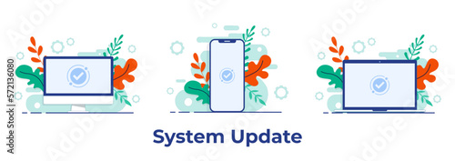 Software update complete on the screen of desktop computer, laptop, smartphone. Flat vector illustration for landing page, UI, mobile app