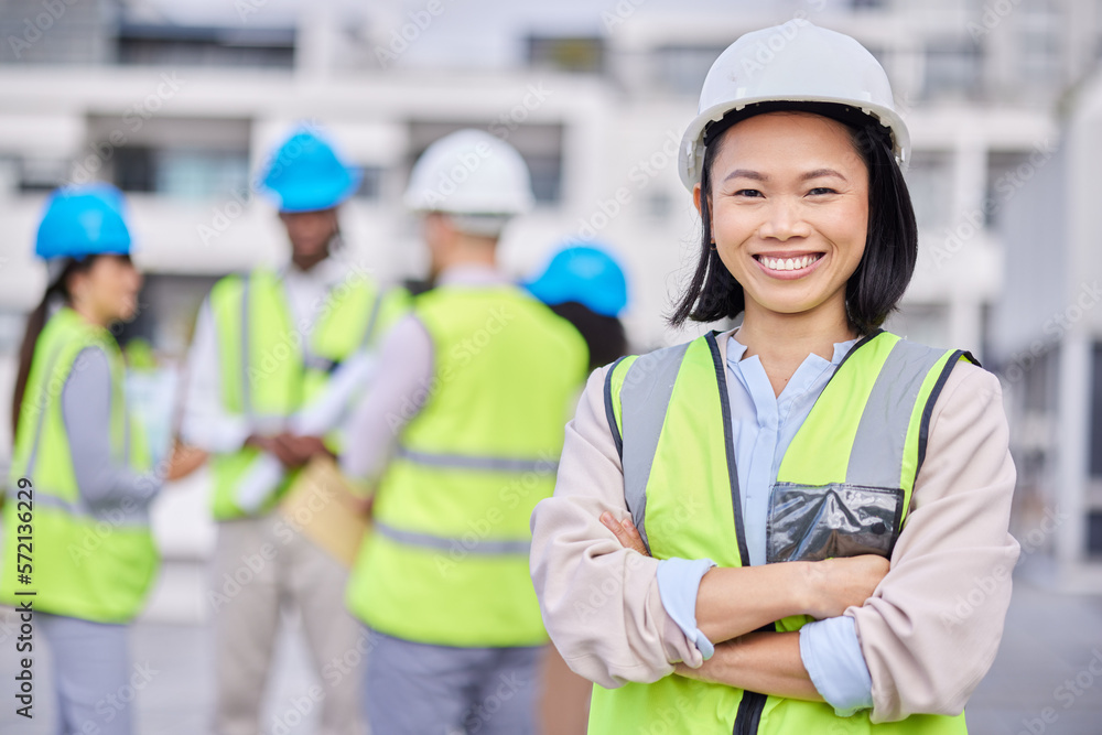 Portrait, Asian woman arms crossed and engineer outdoor, building and inspector with smile, new project and deadline. Face, female employee and manager with hard hat, vest and construction inspector Portrait, Asian woman arms crossed and engineer outdoor, building and inspector with smile, new project and deadline. Face, female employee and manager with hard hat, vest and construction inspector
