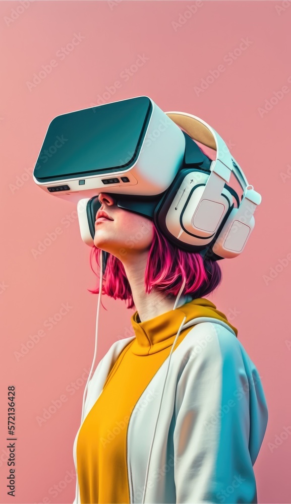Teenage girl with VR headset exploring the metaverse. Generative AI Teenage girl with VR headset exploring the metaverse. Generative AI