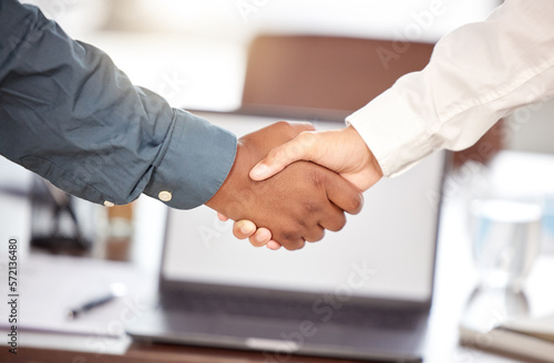 Hand, handshake and partnership for deal, agreement or greeting in b2b, unity or trust at office. Business people shaking hands in teamwork collaboration, goals or support in solidarity at workplace