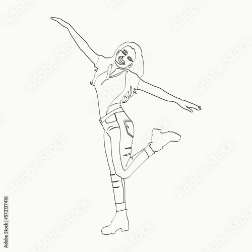 continuous line drawing young beauty woman. Dancing Girl Pose, Jeans T-shirt, fashion on sale. minimal drawing girl body art for wall portrait
