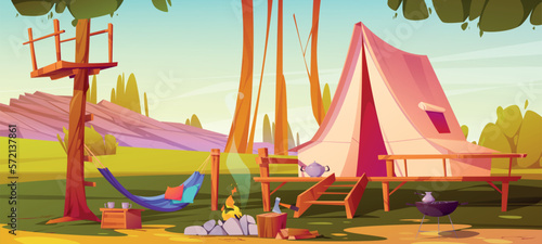 Cartoon camp with tent, bonfire and hammock. Vector illustration of green natural landscape with stones, green grass and trees, equipment for outdoor picnic. Glamping leisure activity for weekend