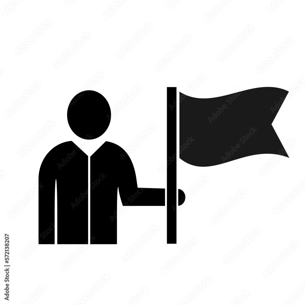 Vector illustration, web icon. A man with a flag. Successes achievements. Isolated on a white background. Vector illustration, web icon. A man with a flag. Successes achievements. Isolated on a white background.