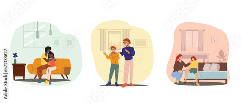 Set Parenting, Parents Support and Loving Relation. Mother or Father comforting Children, Speak and Share Problems. Mom and Dad trying to spoke with Kids. Cartoon People Vector Illustration.