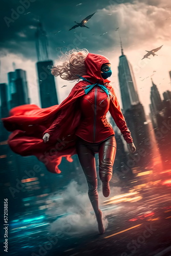 A women superhero in a mask flies against the backdrop of the city to help people in a red raincoat Generative AI