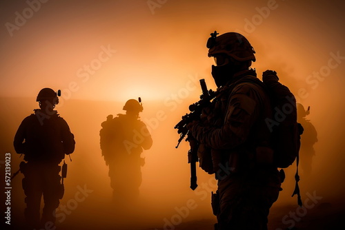 Silhouettes of soldiers in the fog. Generative AI