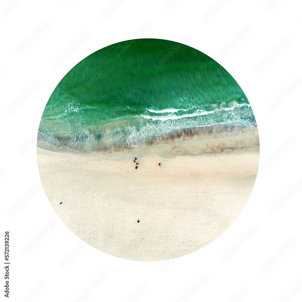 Round photo landcsape sea and beach. Aerial view, circle, sand, ocean, seascape.
