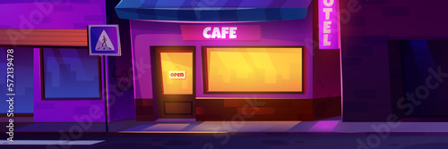 Front cafe facade at night cartoon vector background. Storefront exterior with light in window and crosswalk sign on street near entrance door. Urban cafeteria with brick wall and awning.