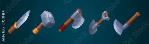 Game icons of hammer, axe, shovel, toe and knife. Carpentry and garden tools, cultivated equipment. Dagger and ax with metal blade and wooden handle, vector cartoon set