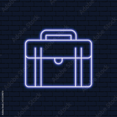 business briefcase neon icon. Thin line business briefcase icon from business and finance collection. Editable vector isolated on blue brick wall background. Outline  business briefcase symbol