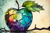 Storybook Alcohol Ink Style Illustration of a Poison Apple. Colorful Corrupted Magic Apple. [Storybook, Fantasy, Historic, Cartoon Scene. Graphic Novel, Anime, Comic, or Manga Illustration.] 