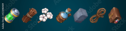 Set of game resource icon with battery, wood, cotton and water in vector. Cartoon isolated illustration of stone and bag for drop for achieve level. 3d battery charge or xp asset. Loot material vector