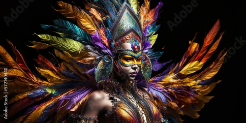 professional dancer female in colorful sumptuous carnival feather suits. facemask and carnival costume standing. Brazilian Carnival. Geerative AI © bahadirbermekphoto