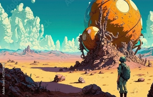 Anime Soldier on an Alien Planet Walking Through a Desert to a Spherical Spacecraft. [Science Fiction Landscape. Graphic Novel, Video Game, Anime, Manga, or Comic Illustration.]