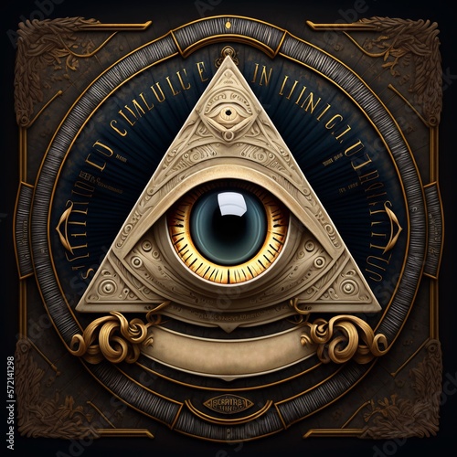 Mysterious Steampunk Device or Safe with an Eye in a Pyramid. Strange Mechanical Device with Mystical Symbols. [Sci-Fi, Fantasy, Historic, Horror Object]  photo