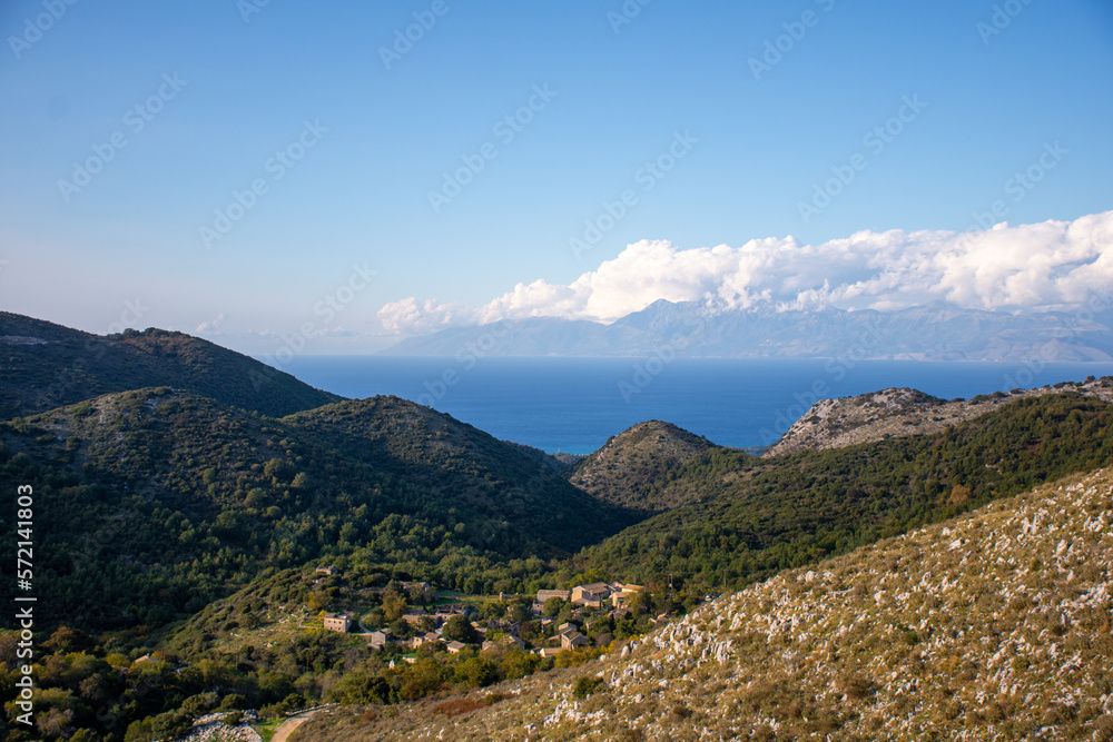 View of the oldest village of Corfu island, close to Mount Pantokrator, abandoned village of Sinies Old Perithia. Greece.
