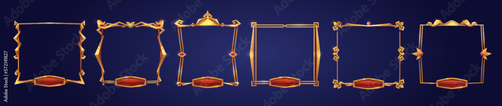 Cartoon set of square golden game rank frames isolated on background. Vector illustration of medieval borders with nameplates, gemstones and shiny forged iron ornaments. User interface design elements