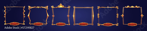 Cartoon set of square golden game rank frames isolated on background. Vector illustration of medieval borders with nameplates, gemstones and shiny forged iron ornaments. User interface design elements