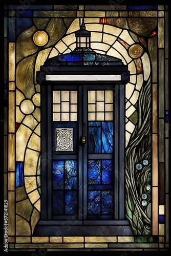 Fotografie, Obraz Digital Stained Glass Art Nouveau Style Illustration of a Vintage British Police Box