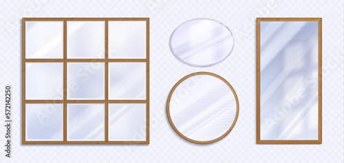 Realistic set of different mirrors png isolated on transparent background. Vector illustration of square, round, rectangular reflection glass mockups in golden, silver frames. Interior design element