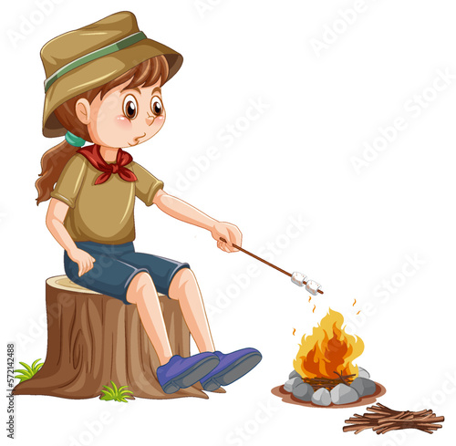 Camping girl roasting marshmallow