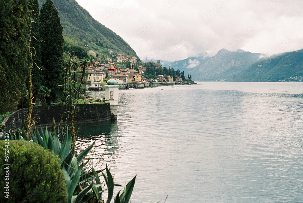 Town of Varenna on the shores of Lake Como against the backdrop of the mountains