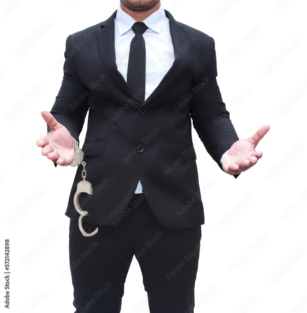 Young businessman in black suit with one handcuff, corruption concept, transparent background, png file. Young businessman in black suit with one handcuff, corruption concept, transparent background, png file.