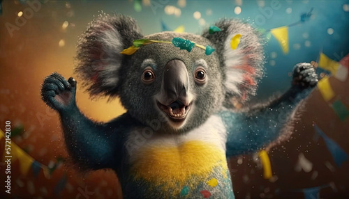 Cute and Cool Animal Koala Bear in Rio Carnival Costume: Colorful Illustration of Adorable Wildlife in Festive Brazilian Street Party with Samba Music and Dancing Floats Celebration generative AI photo