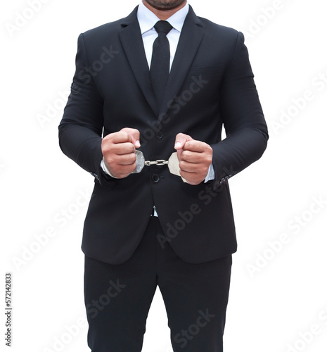 Young businessman in black suit locked, corruption concept, transparent background, png file.