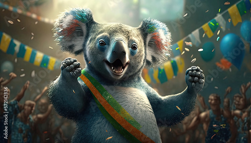 Cute and Cool Animal Koala Bear in Rio Carnival Costume: Colorful Illustration of Adorable Wildlife in Festive Brazilian Street Party with Samba Music and Dancing Floats Celebration generative AI photo