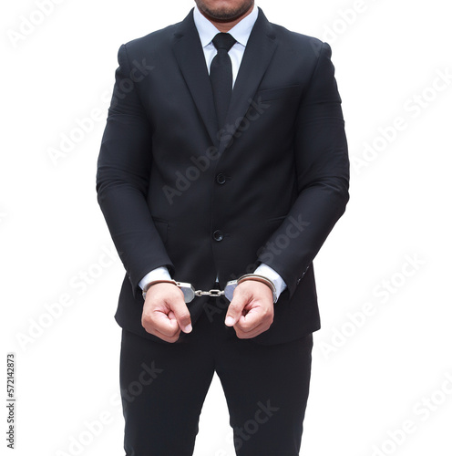 Young businessman in black suit locked, corruption concept, transparent background, png file.