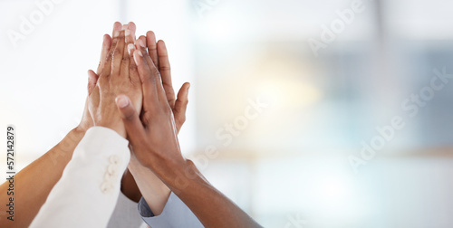 High five, business team and collaboration success of staff in office with mock up. Company, staff and hands together for solidarity, motivation and support with blurred background and mockup photo