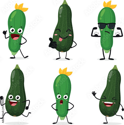 Cartoon zucchini squash vegetable character set