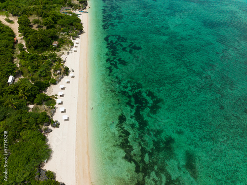 Aerial drone of tropical sandy beach and blue sea. Bantayan island  Philippines.