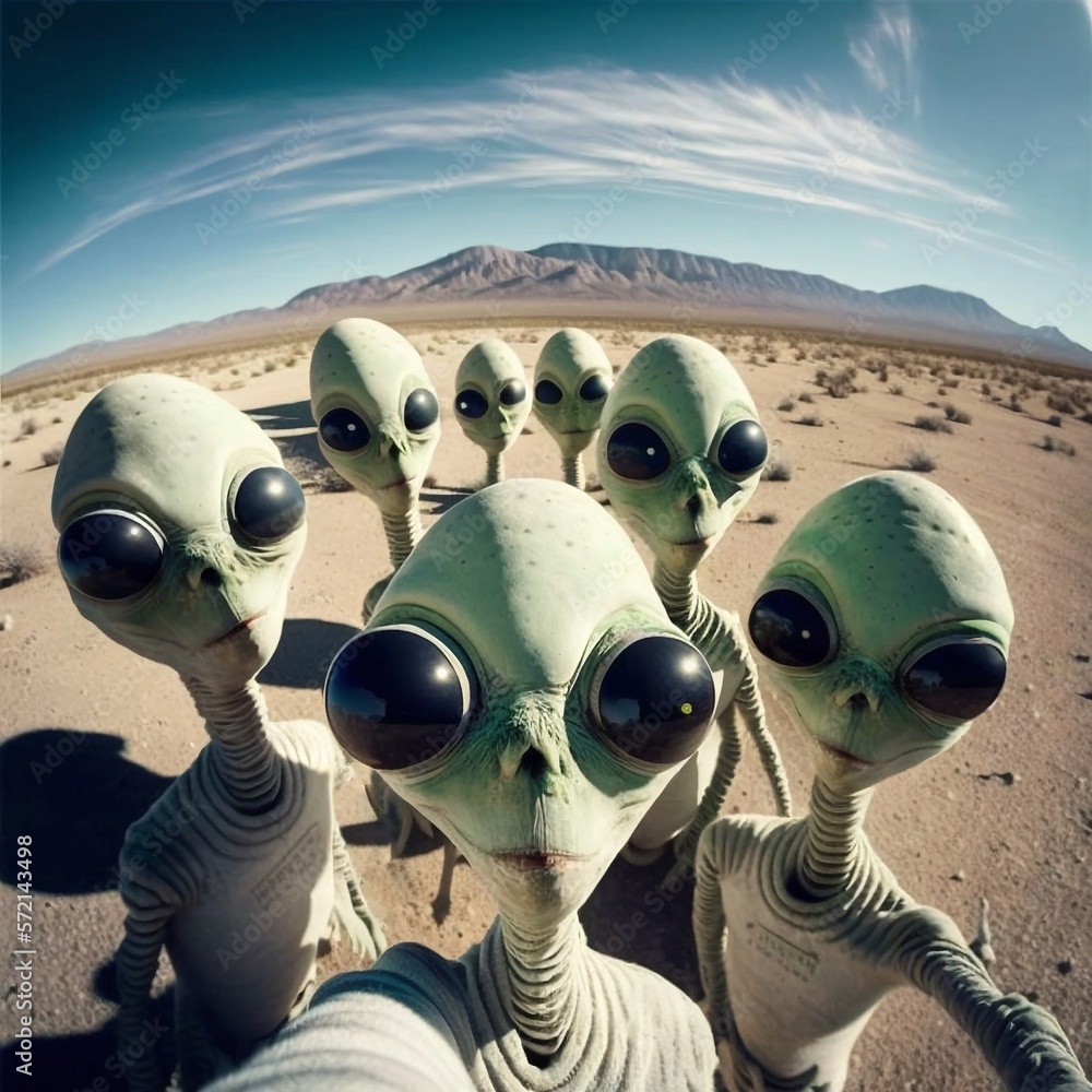 Photorealistic Style Illustration Of Aliens Taking A Selfie In The Desert Roswell New Mexico