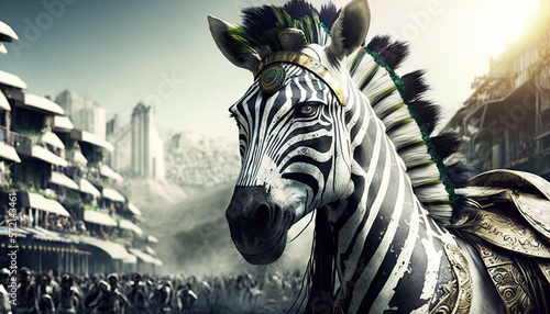 Cute and Cool Animal Zebra in Rio Carnival Costume: Colorful Illustration of Adorable Wildlife in Festive Brazilian Street Party with Samba Music and Dancing Floats Celebration generative AI