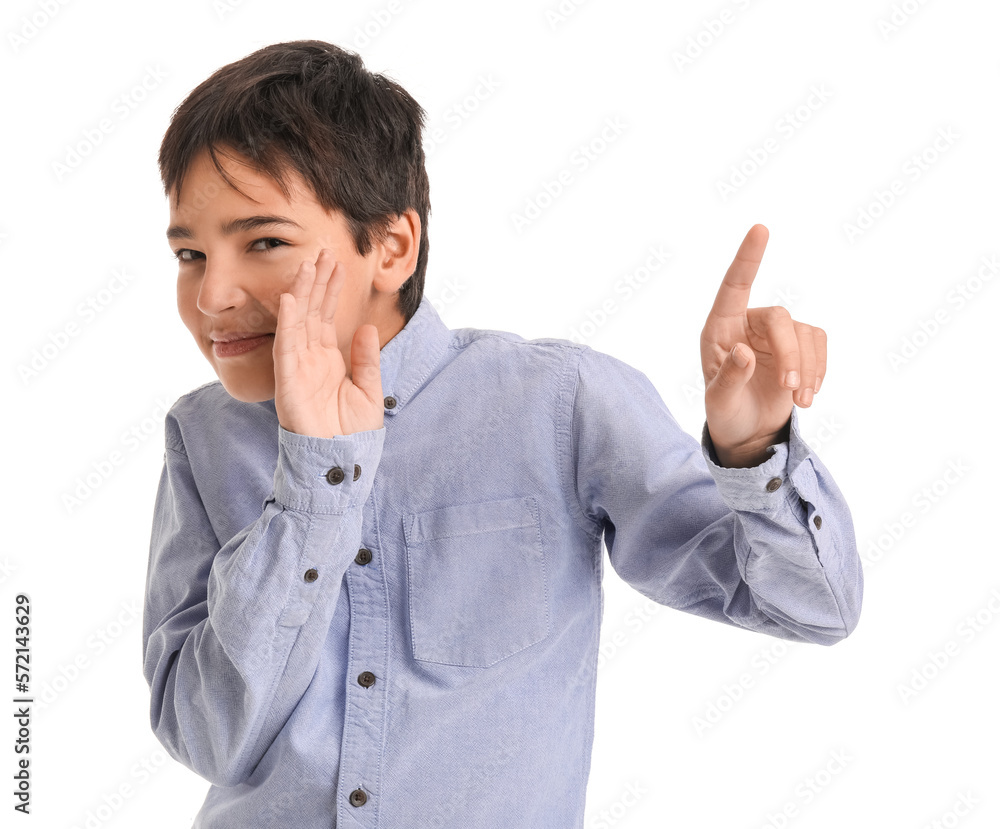 Displeased little boy using virtual screen on white background
