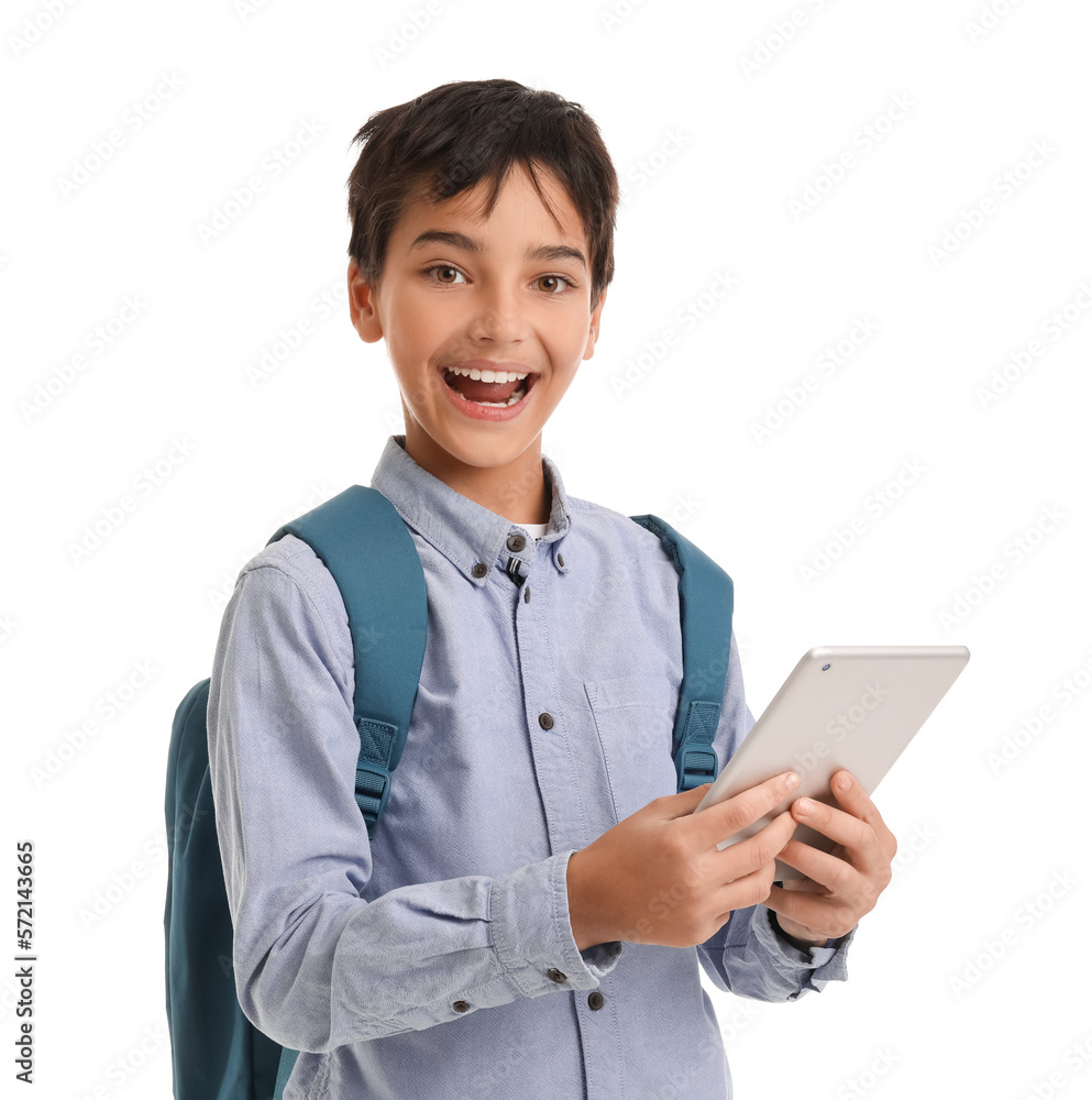 Happy little schoolboy with tablet computer on white background Happy little schoolboy with tablet computer on white background