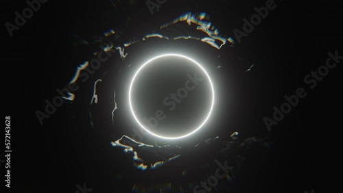 3D render animation of a glowing round frame in dark space. Abstract sci fi geometric background. Round portal.