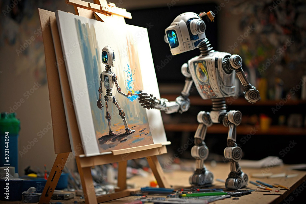 Robot Artist Is Standing At An Easel, Its Metal Fingers Wrapped Around ...