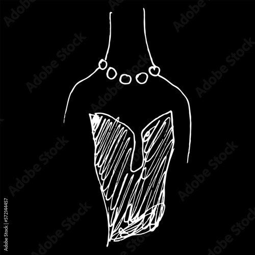 Female top bodice and a necklace. Hand drawn linear doodle rough sketch. White silhouette on black background.