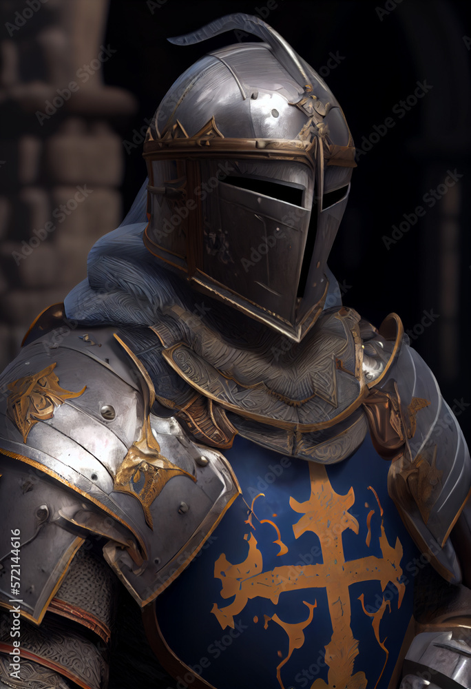 Illustration of an armoured medieval knight, Generative AI. Illustration of an armoured medieval knight, Generative AI.