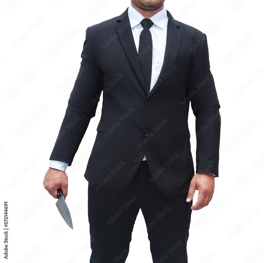 Young businessman in black suit holding a kitchen knife, killer, killer with a knife, transparent background, png file. Young businessman in black suit holding a kitchen knife, killer, killer with a knife, transparent background, png file.