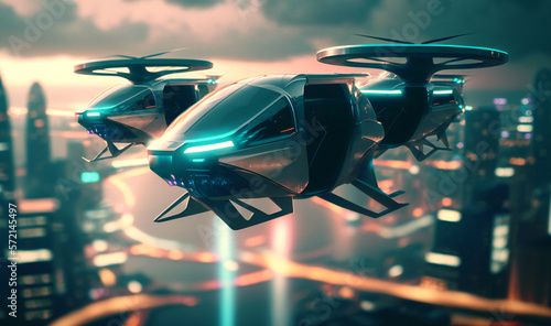 Futuristic aerial transportation with city air taxis flying over a bustling metropolis, glowing