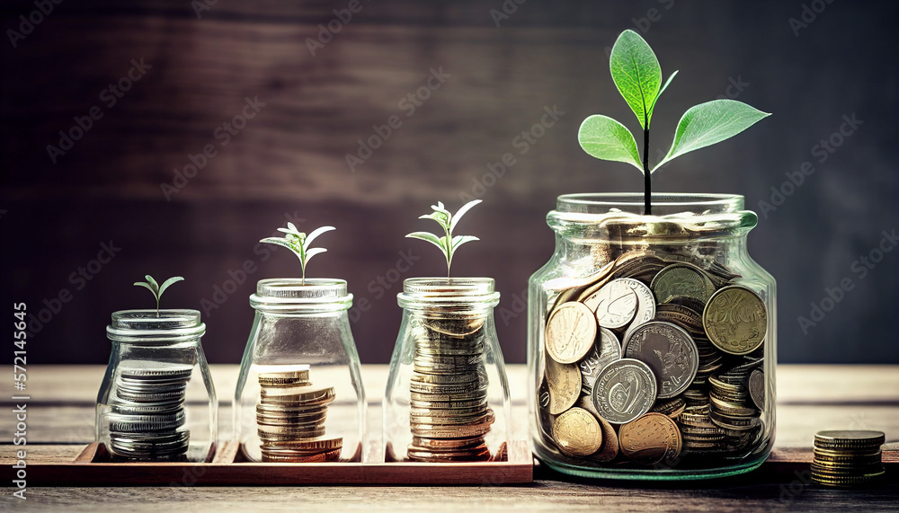 Mix coins and seed in clear blottle on white background,Business investment growth concept. Generative AI Mix coins and seed in clear blottle on white background,Business investment growth concept. Generative AI